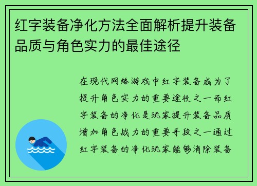 红字装备净化方法全面解析提升装备品质与角色实力的最佳途径